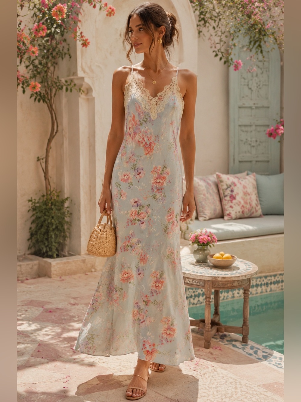 Caroline Constas Linen Light Blue Floral Lace-Trim Maxi Dress